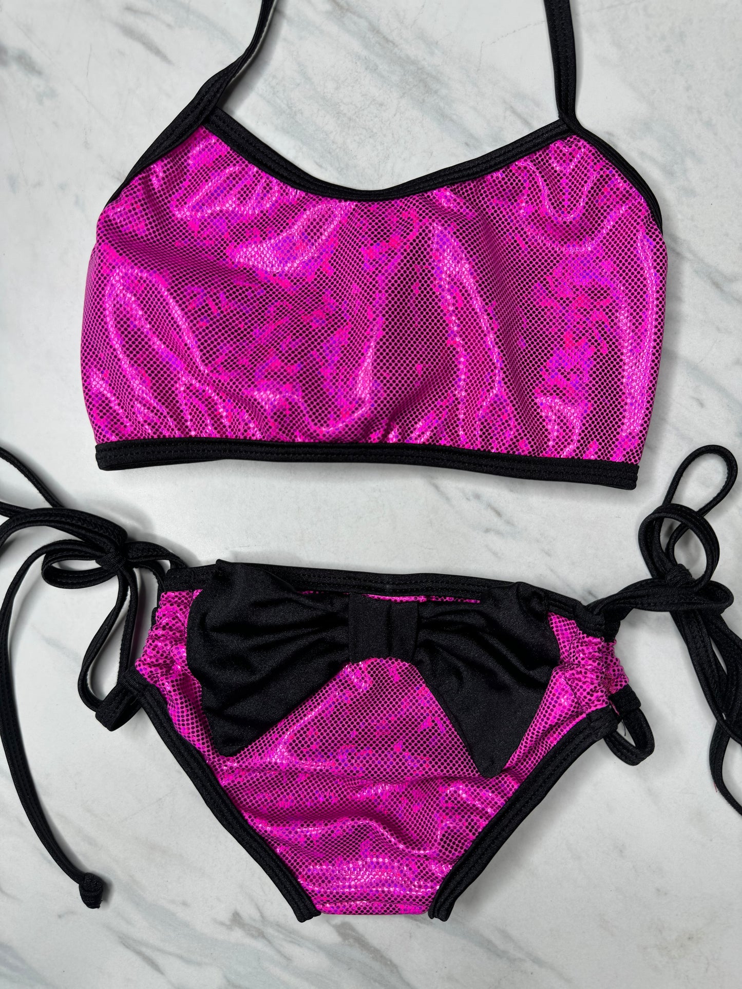 Pink & Black Hologram Baby/ Girls Custom Bow Bikini
