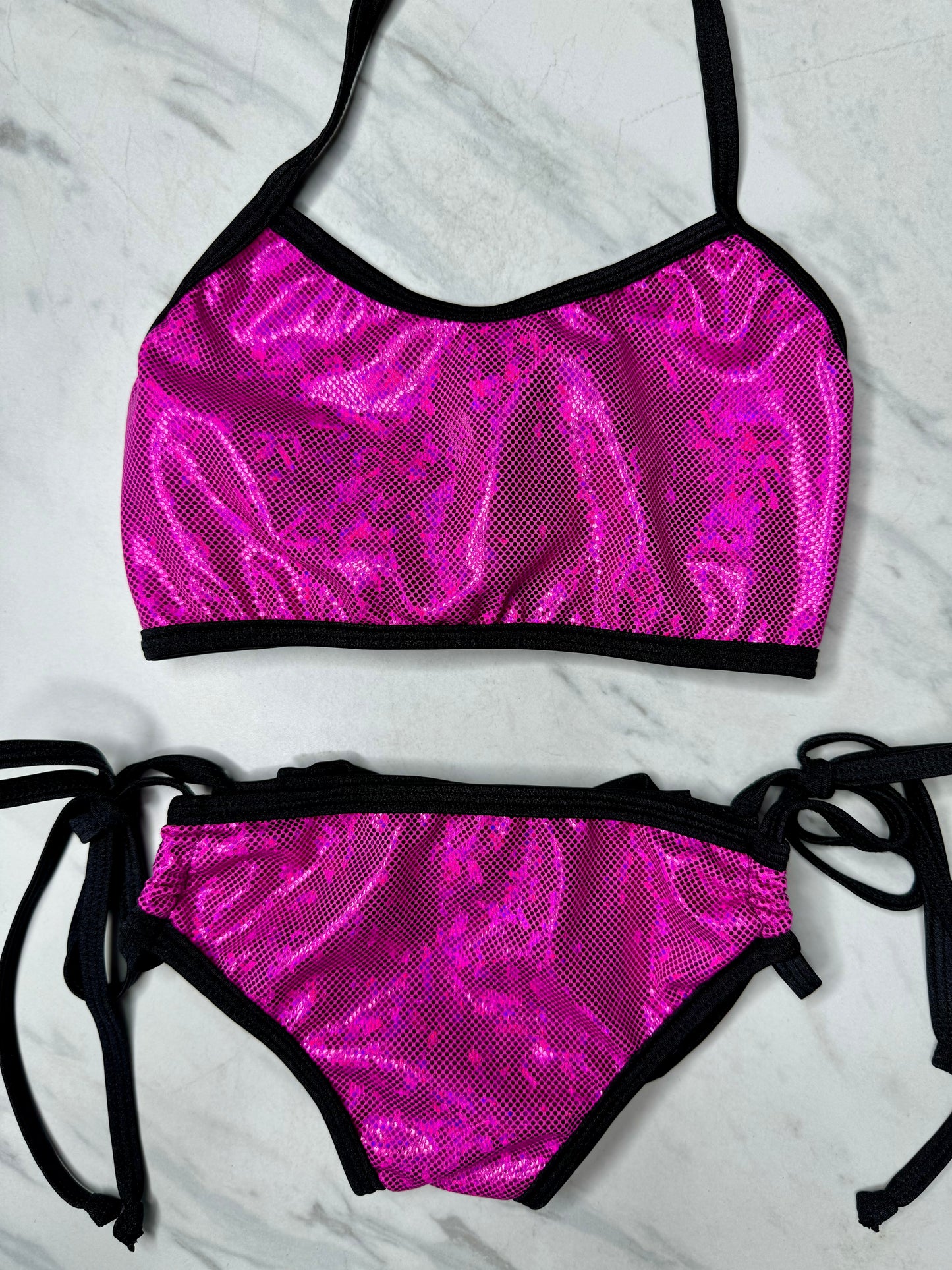 Pink & Black Hologram Baby/ Girls Custom Bow Bikini