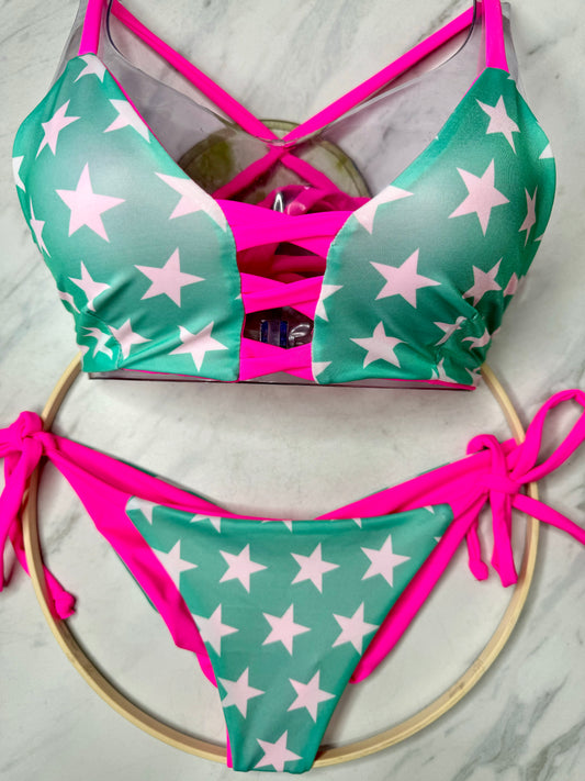 Aquamarine Stars & Neon Pink "Monica" Top