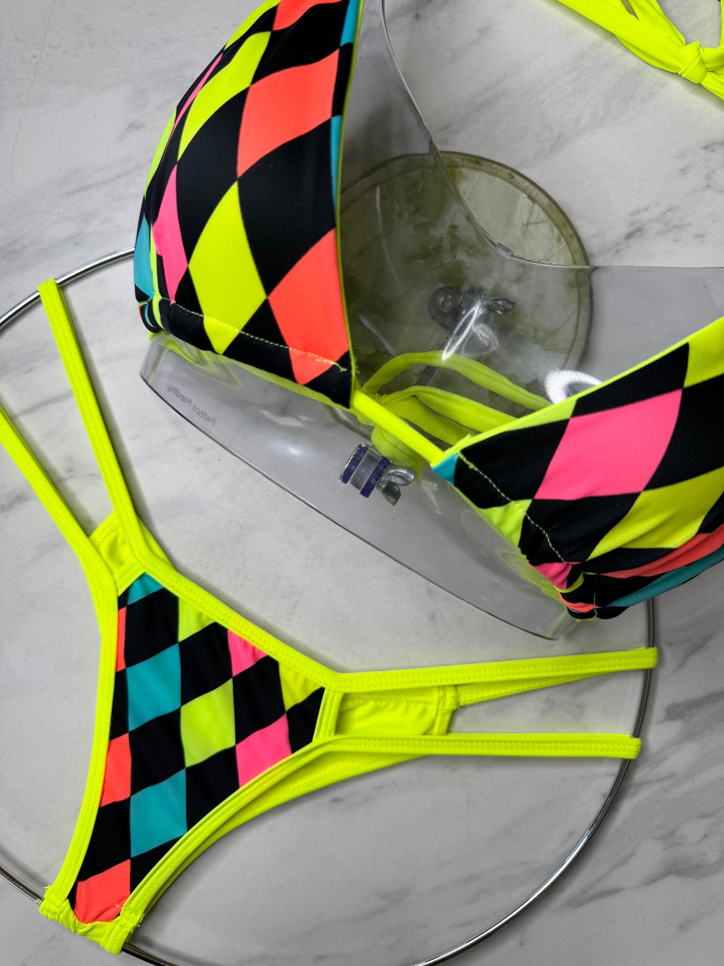 Neon Squares Triangle Top Neon Yellow Strings