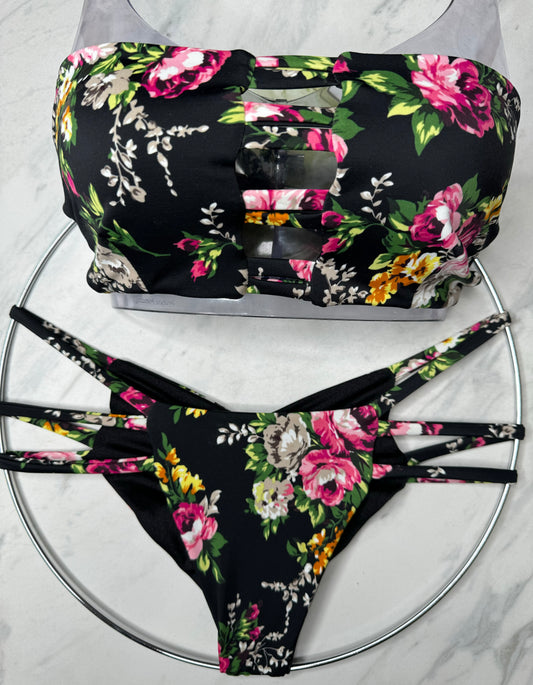 Black Floral Print Bandeau Top