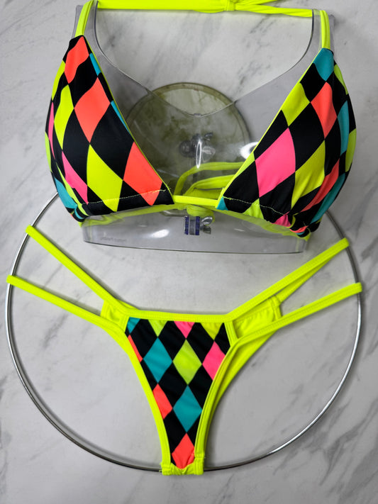 Neon Squares Triangle Top Neon Yellow Strings