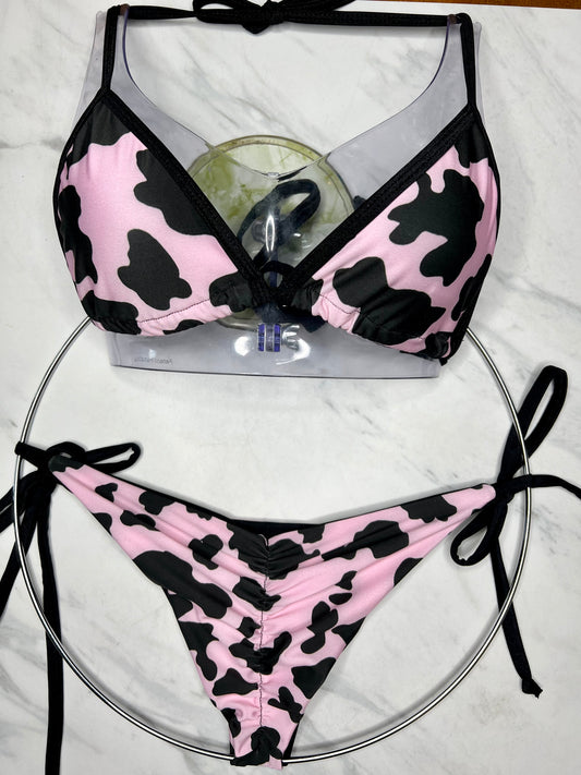 Pink Cow Print Side Tie Reversible Bottom