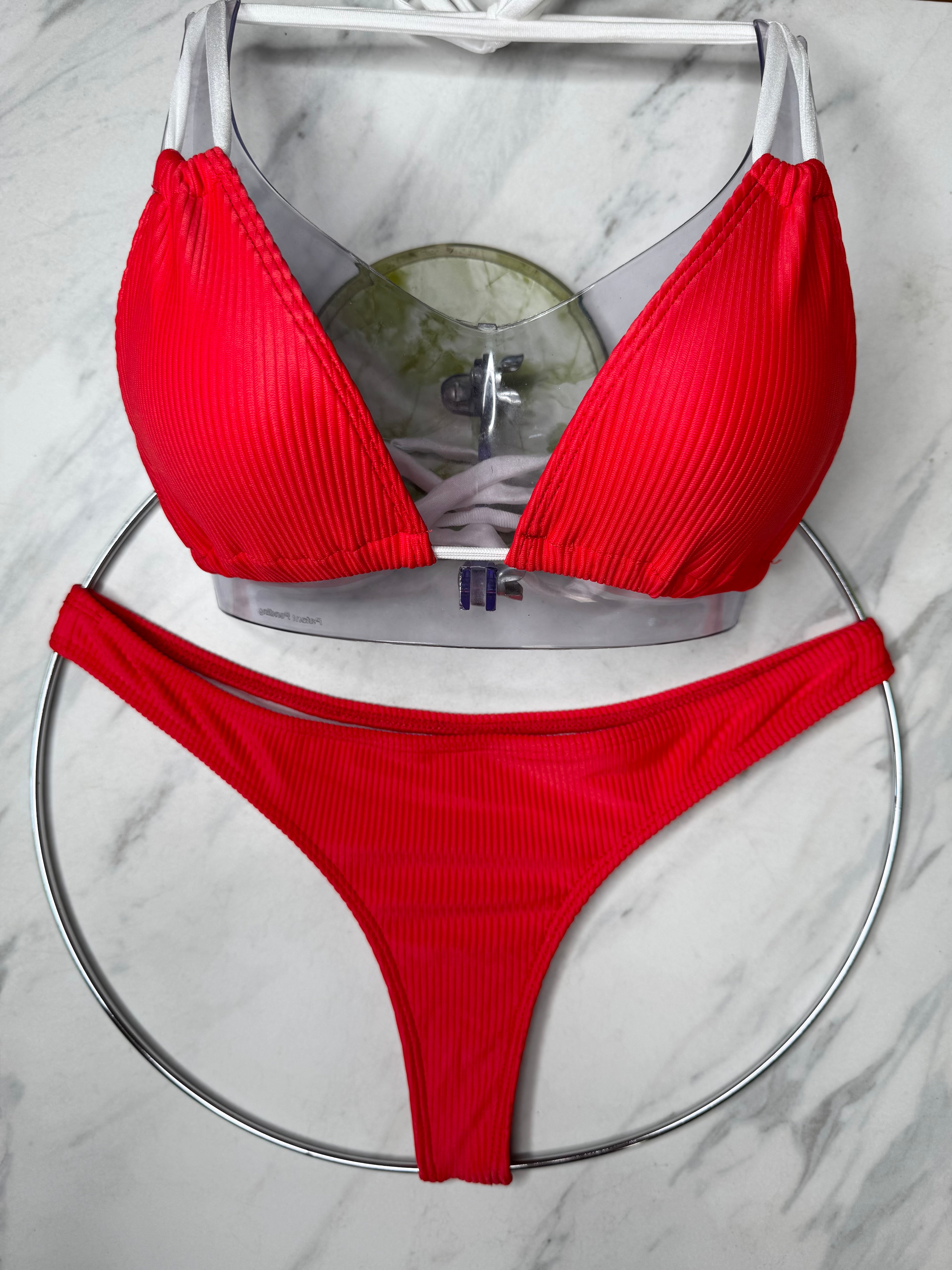 Red & White Ribbed Thong Bikini – Fede Swimwear