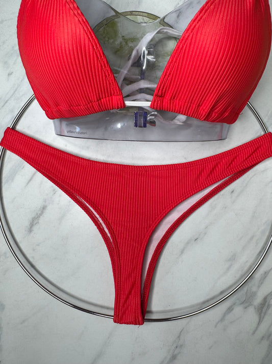 Red & White Ribbed Thong  Bikini