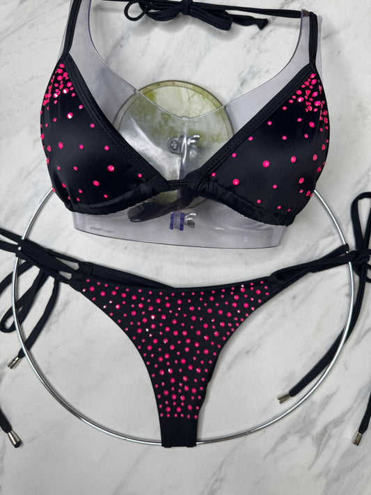Black with Neon Pink Crystal Bikini (ONE MADE SIZE SMALL SET)